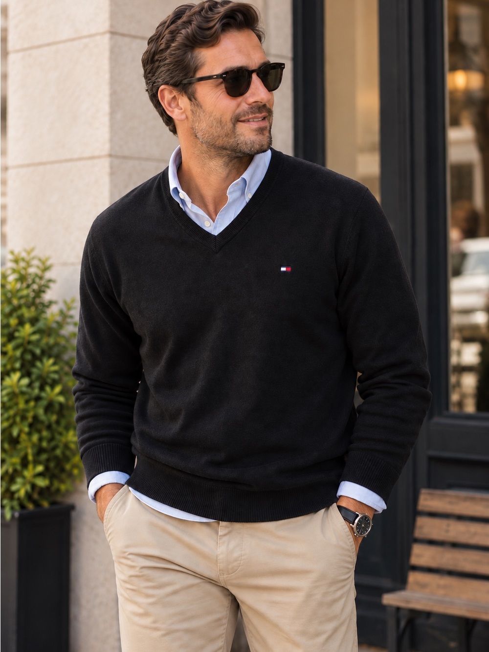 Tommy Hilfiger Black Pima Cotton V-Neck Sweater Men’s XL